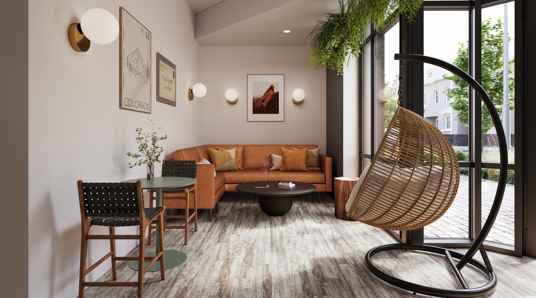 a lounge with seating tables plants and windows