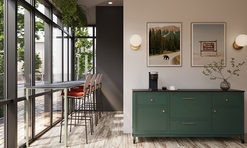 room with a green cabinet and large window