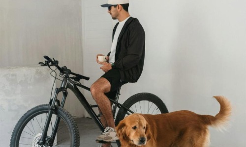a man sitting on a bike next to a dog